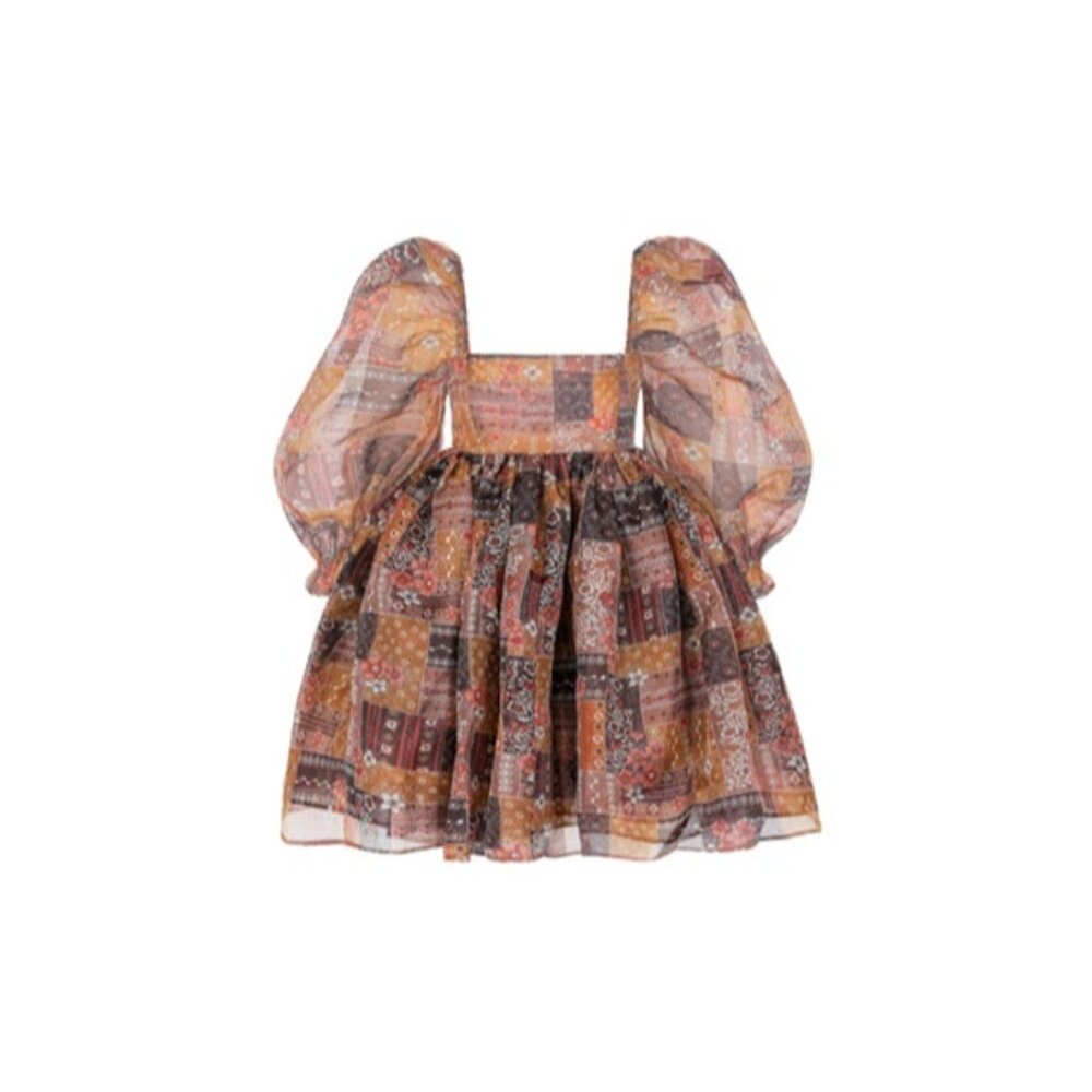 NWT Selkie Puff Mini in Patchouli Brown Patchwork Sheer Organza Puff Dress XS